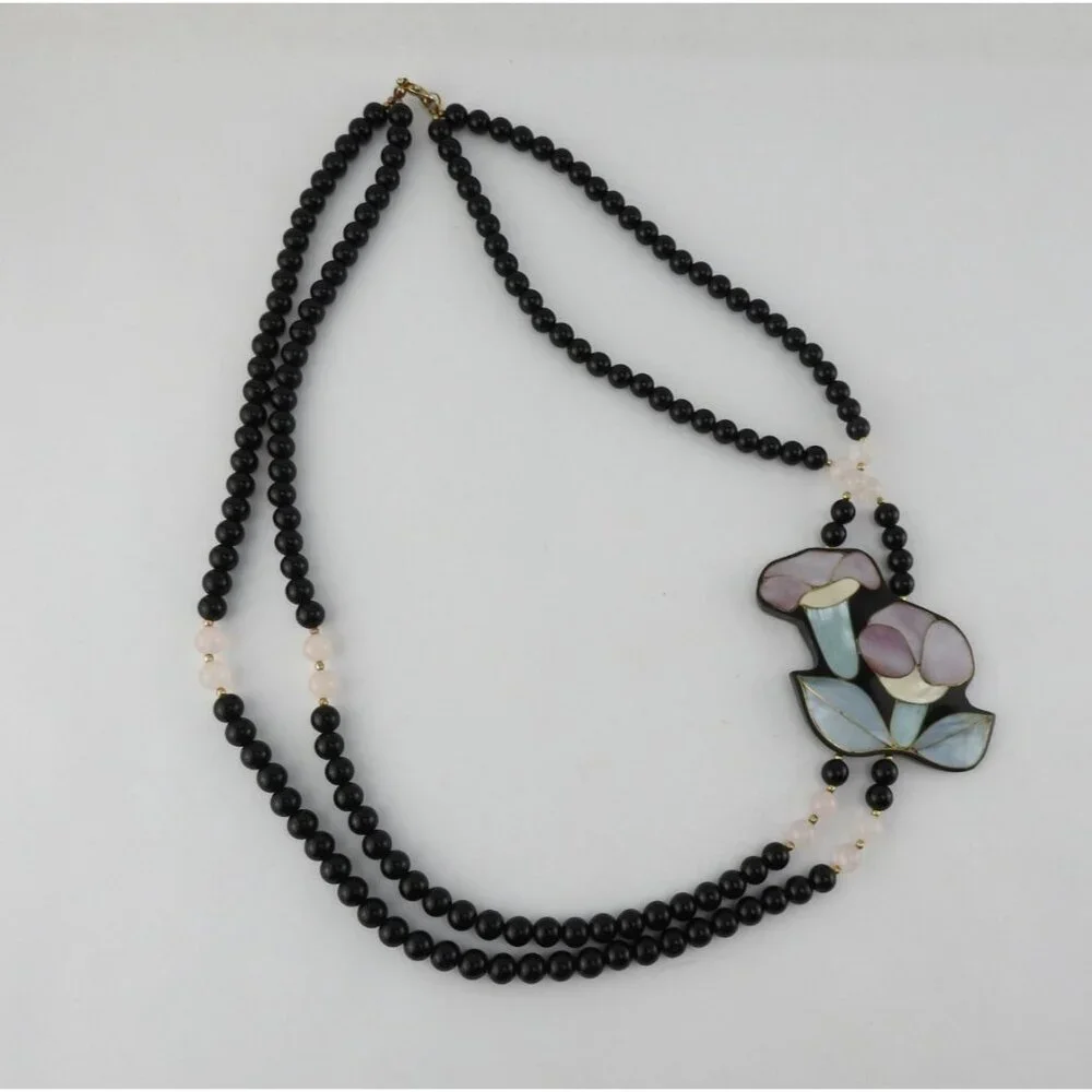 Anne Gee Black Beaded Mother Of Pearl Floral Statement Necklace - Picture 2 of 10